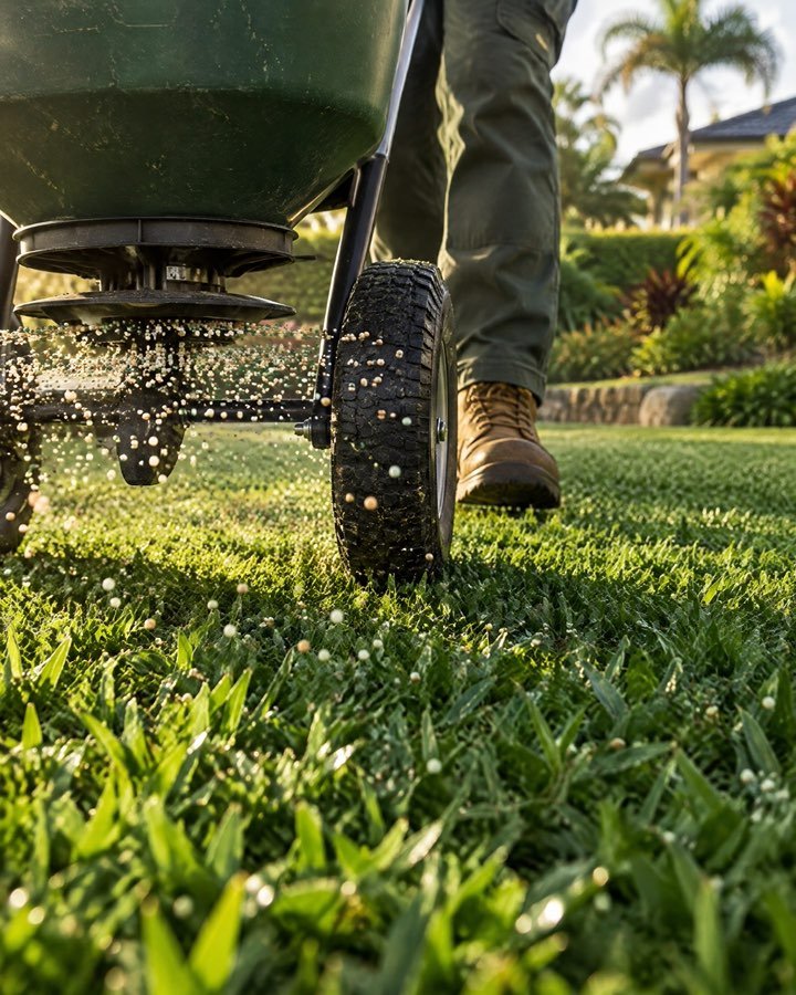 Slow-release fertiliser granules being spread across a lawn
