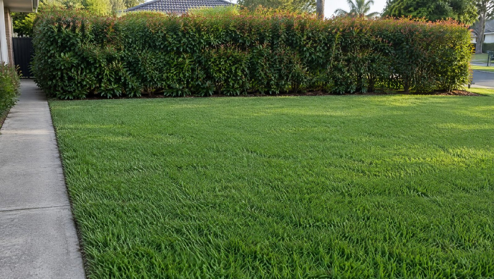 After: the same lawn thick and green (demo image)
